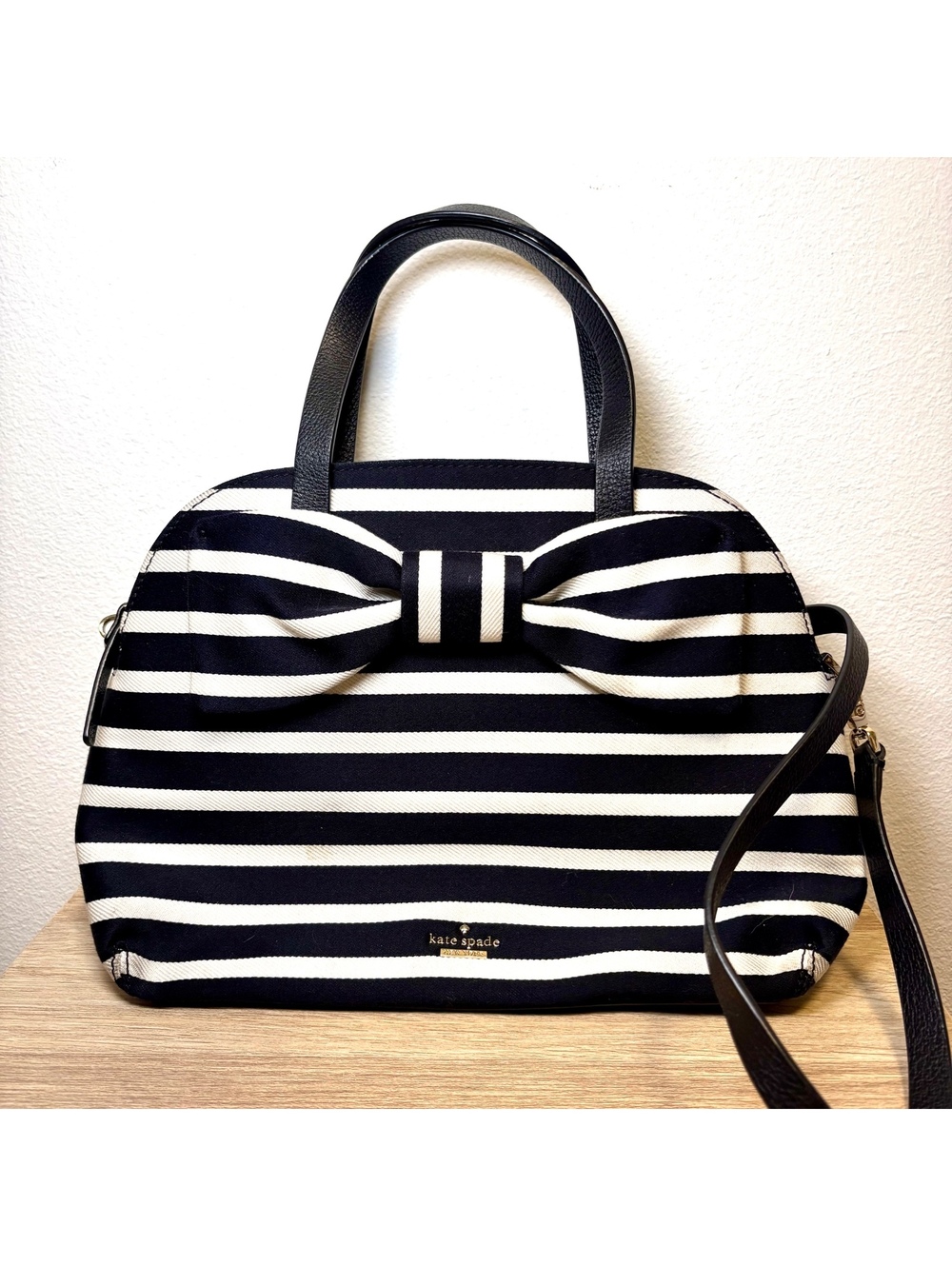 Kate Spade Olive Drive Brigette Stripe Bow Satchel Black White Canvas Leather